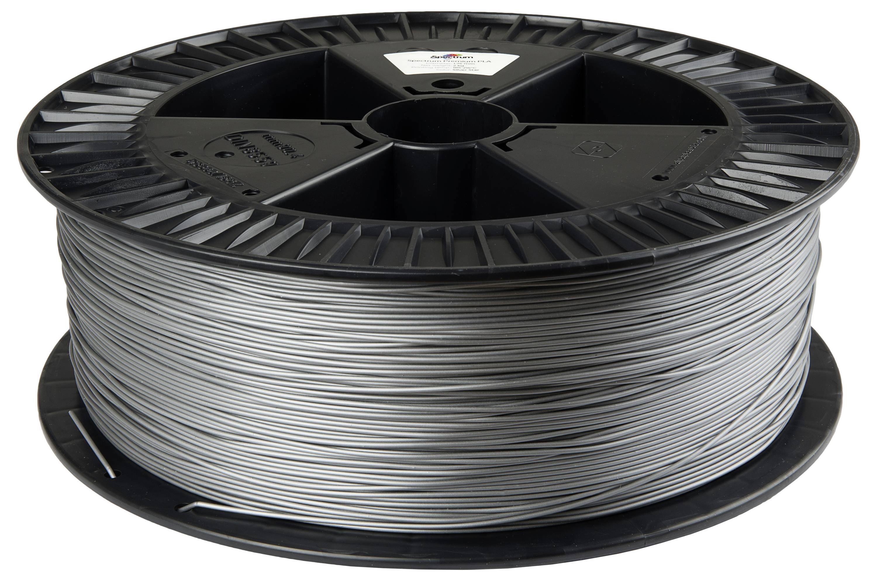 En rulle grå 3D-printningsfilament på en svart nav, lämplig för additiva tillverkningsprocesser.