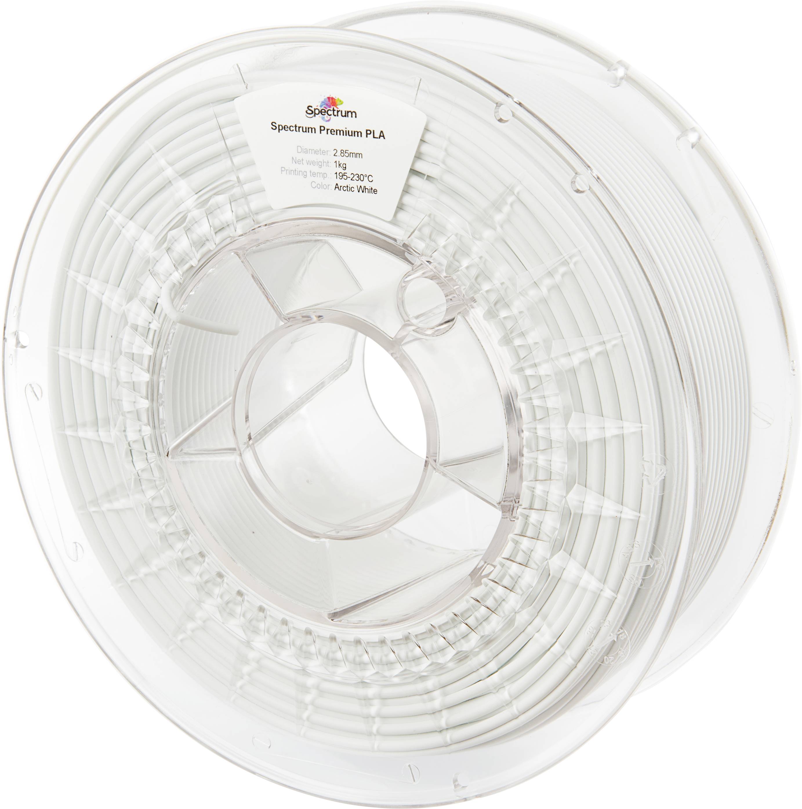 Genomskinlig spole med 3D-printningsfilament märkt 'Spectrum Premium PLA', 1,75 mm, i färgen Arctic White.