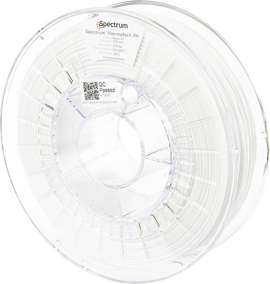 En spole med Spectrum ThermalTech PA 3D-printfilament i naturlig färg, med en QC-godkänd etikett och specifikationer synliga på etiketten.