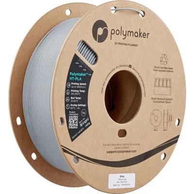 'Polymaker 3D-skrivarbindtråds spole i grått, tillverkad av kartong. HT-PLA-material. Olika utskrivnings- och tekniska detaljer tryckta på etiketten.'