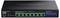 En svart TRENDnet 10G Fiber Web Smart Switch med flera Ethernetportar, inklusive fem RJ-45-portar och åtta SFP+-uttag på framsidan.