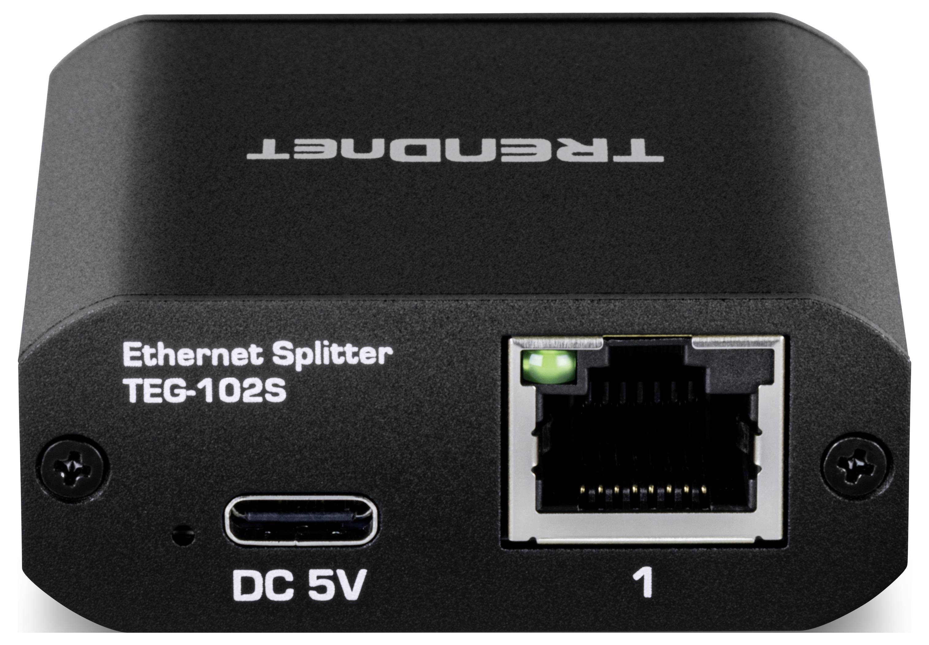 Framvy av en svart Trendnet Ethernet-splitter, modell TEG-102S, som visar en Ethernet-port märkt '1' och en DC 5V strömingång.