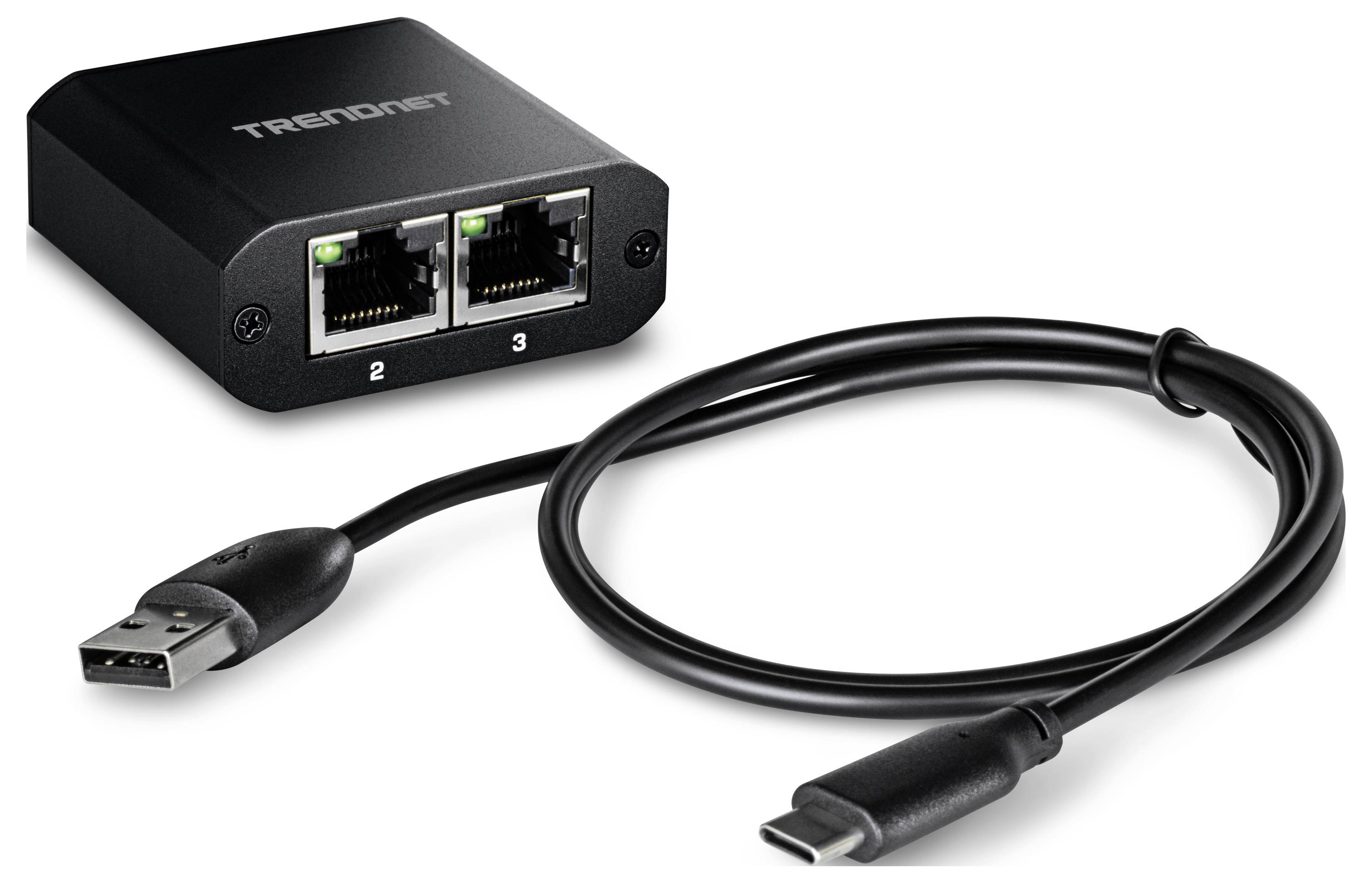 En svart TRENDnet USB-C till Ethernet-adapter med två Ethernet-portar, bredvid en USB-C-kabel.