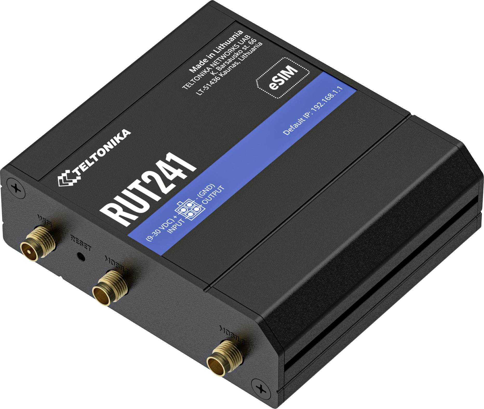 En kompakt svart Teltonika RUT241-router som visar etiketten 'RUT241', tre antennkontakter och ett serienummer.