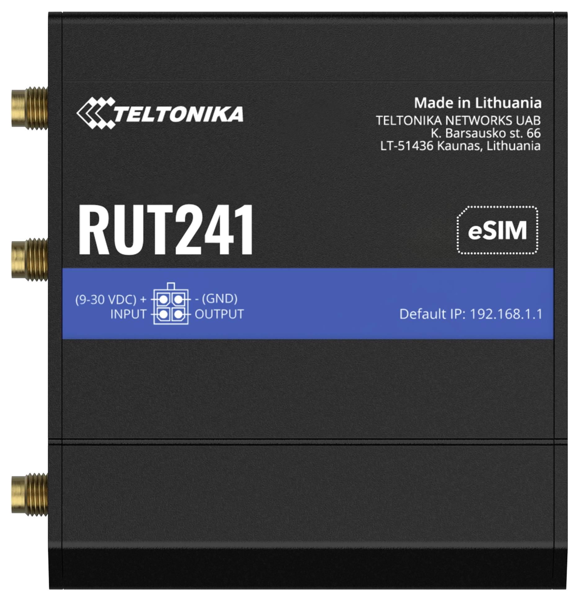 'TELTONIKA RUT241 modem, eSIM-aktiverad, med in- och utgångsportar. Tillverkad i Litauen. Standard-IP: 192.168.1.1'