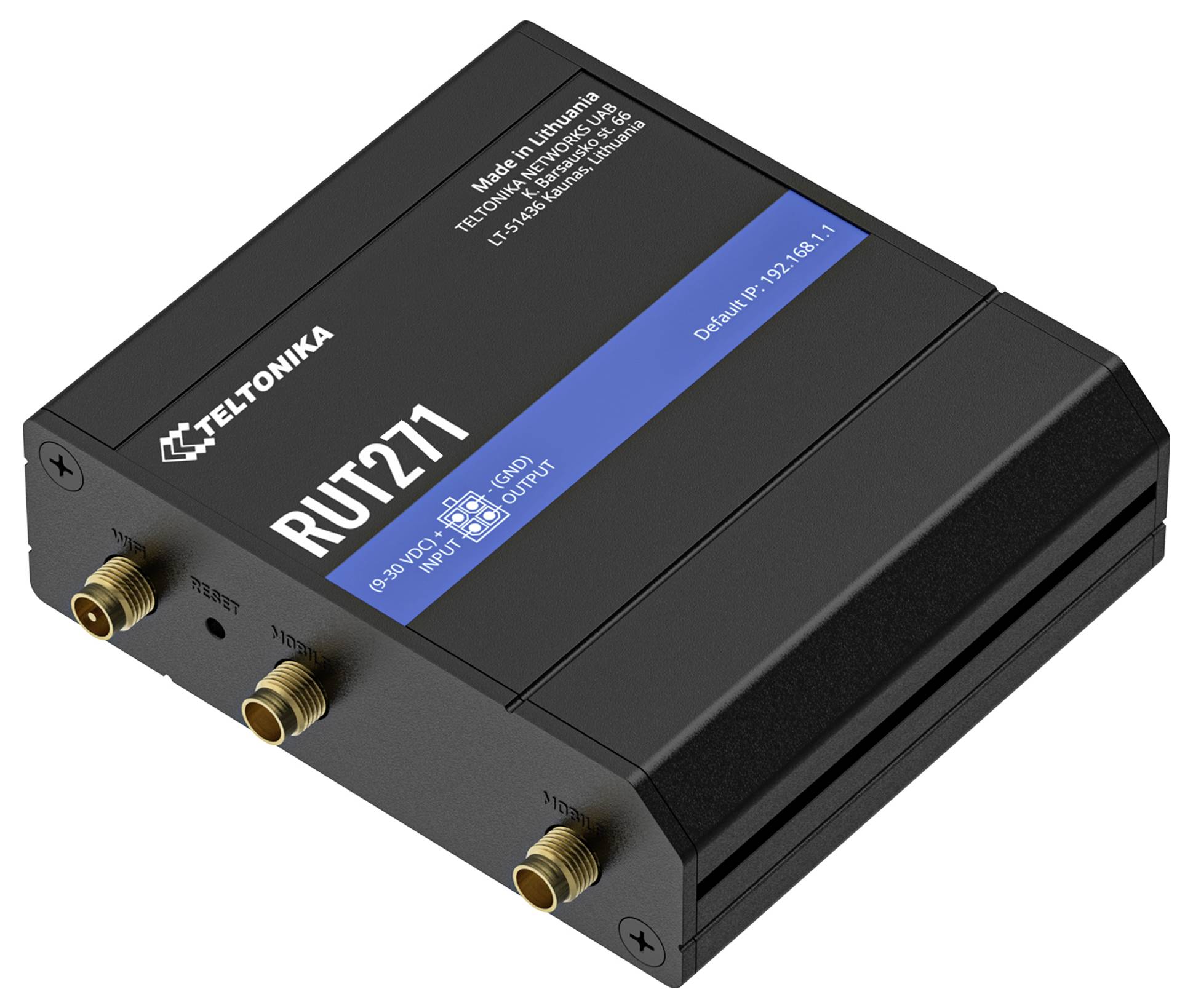 Teltonika RUT211-router med tre guldkontakter och ett svart chassi, utrustad med SIM- och WAN-portar. Modelldetaljer utskrivna på ovansidan.