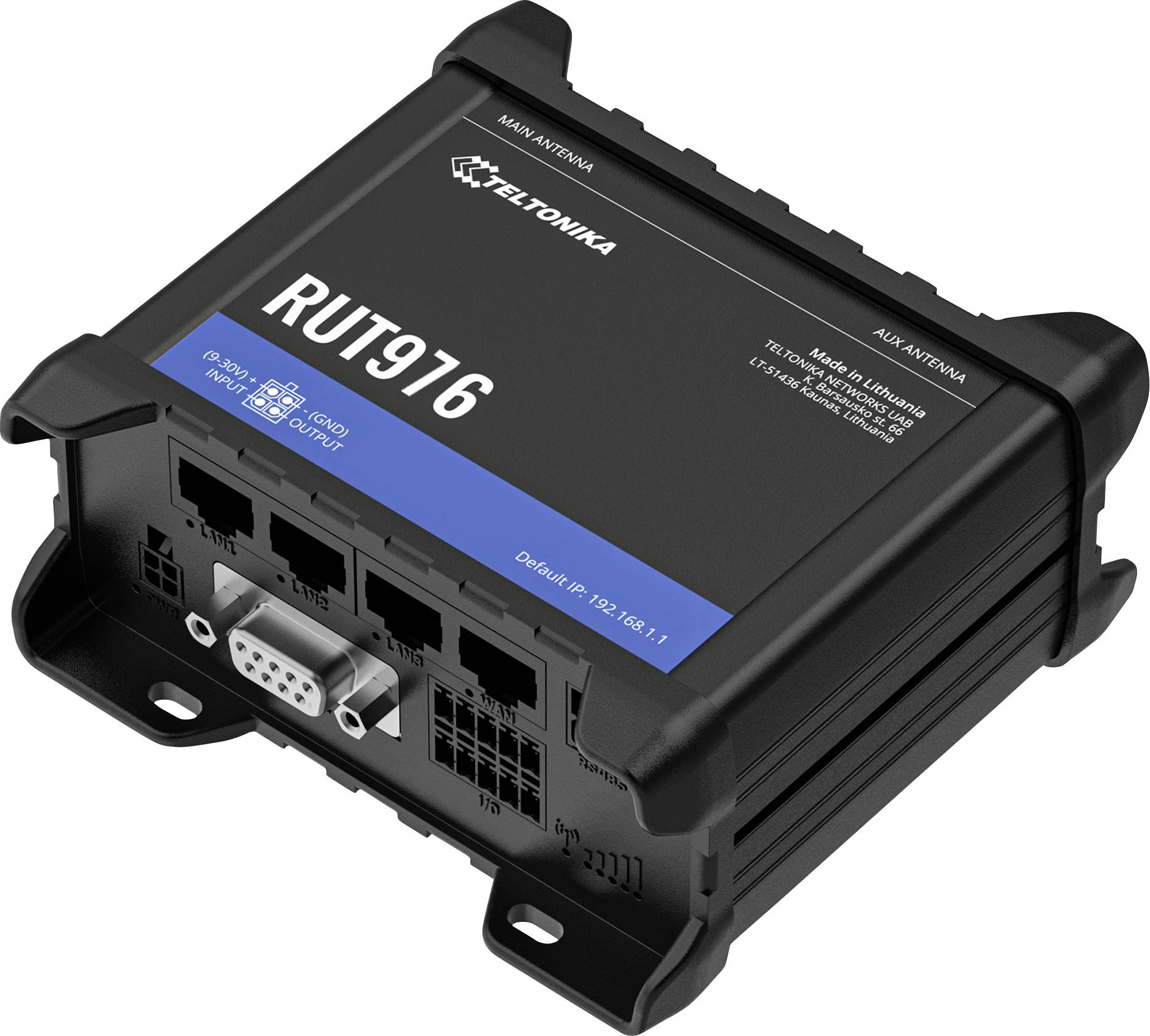 RUT976 industrirouter, utrustad med flera portar och kontakter, designad för säker och mångsidig internetanslutning.