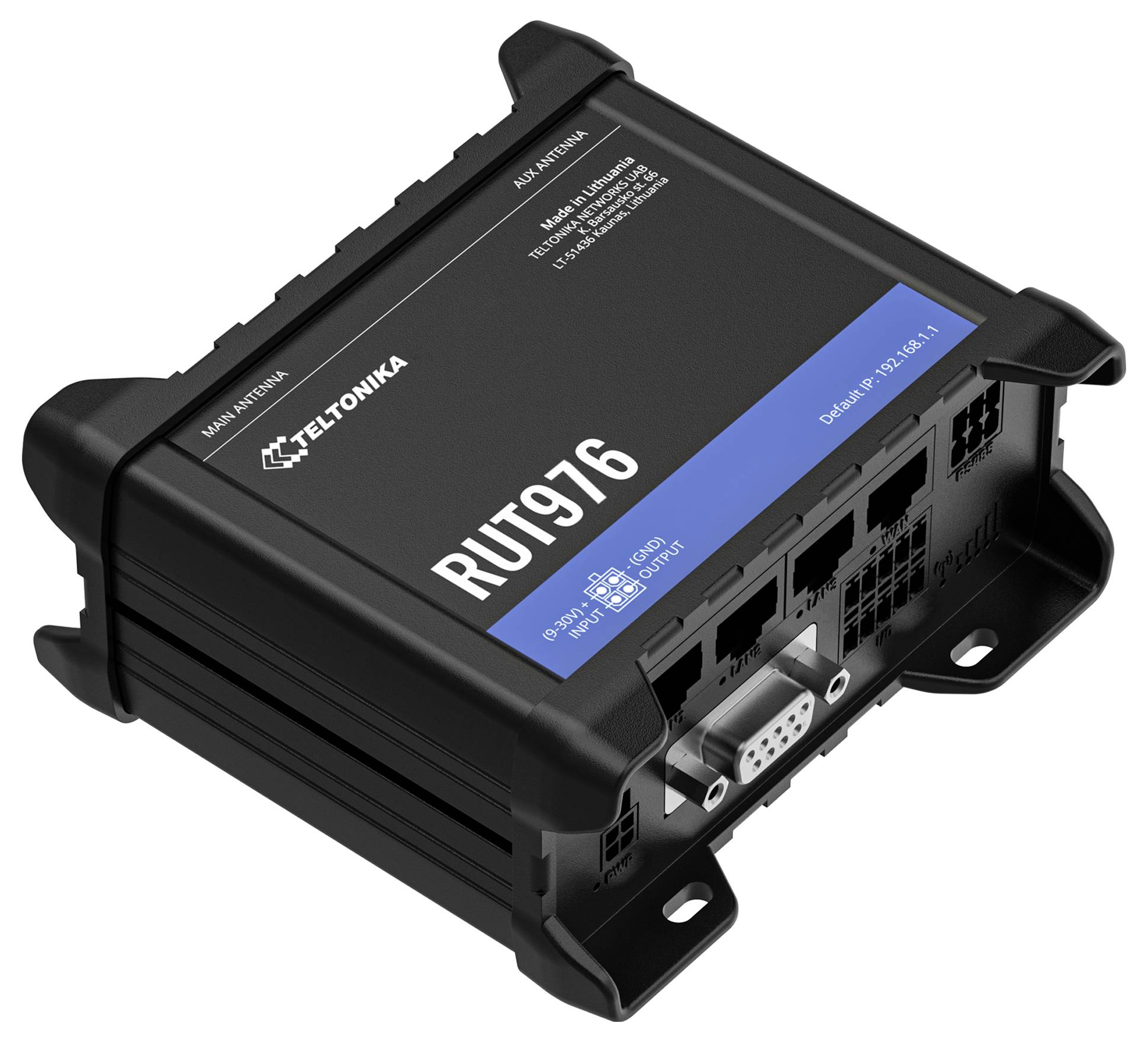 En svart, rektangulär nätverksrouter med flera portar, märkt 'RUT9176.' Enheten är lämplig för industriella tillämpningar.