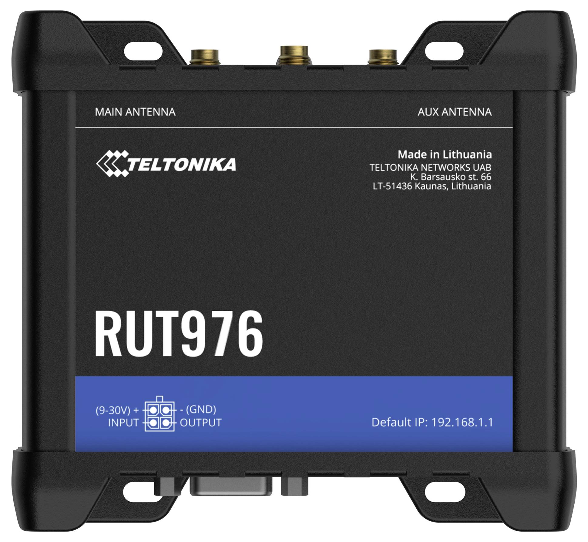 'Teltonika RUT976' router, framifrån. Visar ingångs- och utgångsportar märkta 9-30V, GND. Standard IP-adress: 192.168.1.1. Tillverkad i Litauen.