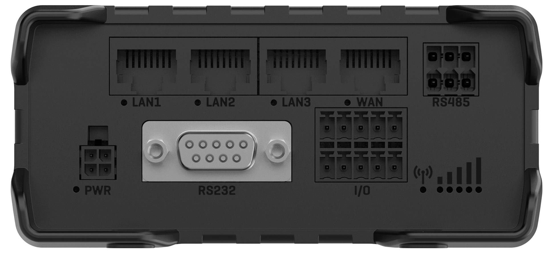 Bilden visar baksidan av en enhet med märkta portar: 'LAN1', 'LAN2', 'LAN3', 'WAN', 'RS485', 'PWR', 'RS232' och 'I/O'.