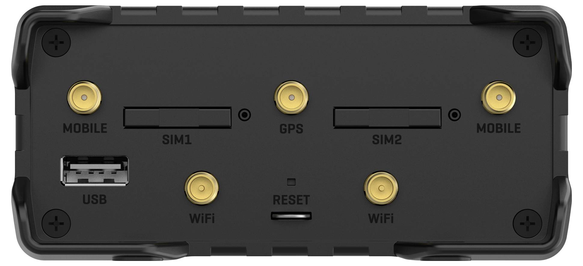 Bakpanelsvy av en svart elektronisk enhet med två SIM-kortplatser märkta 'SIM1' och 'SIM2', en GPS-port, dubbla 'MOBILE'-portar, två 'WiFi'-portar, en 'USB'-port och en 'RESET'-knapp.