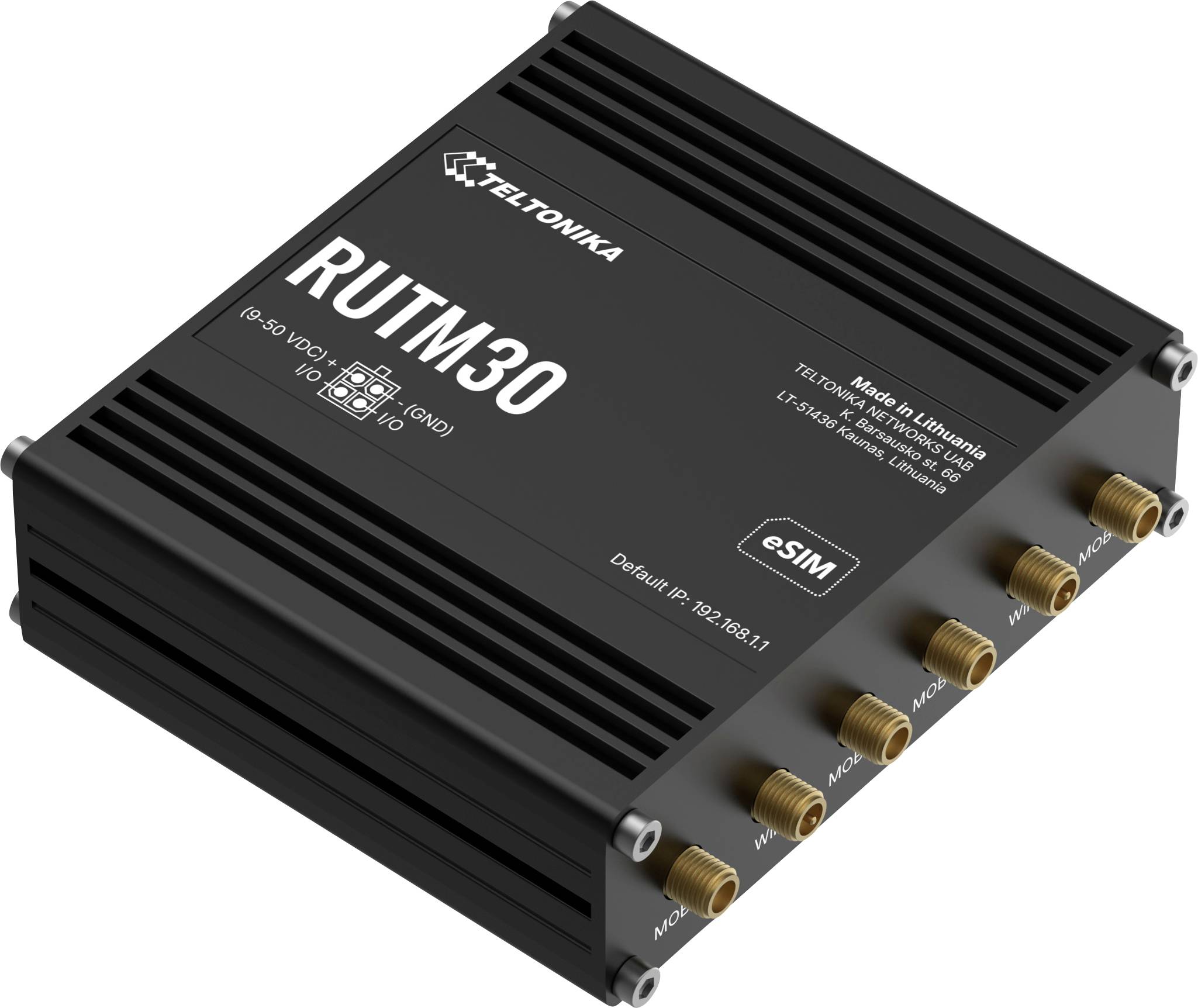 Teltonika RUTM30 svart industriell nätverksrouter med flera anslutningsportar och eSIM, med varumärkesdetaljer på ovansidan.