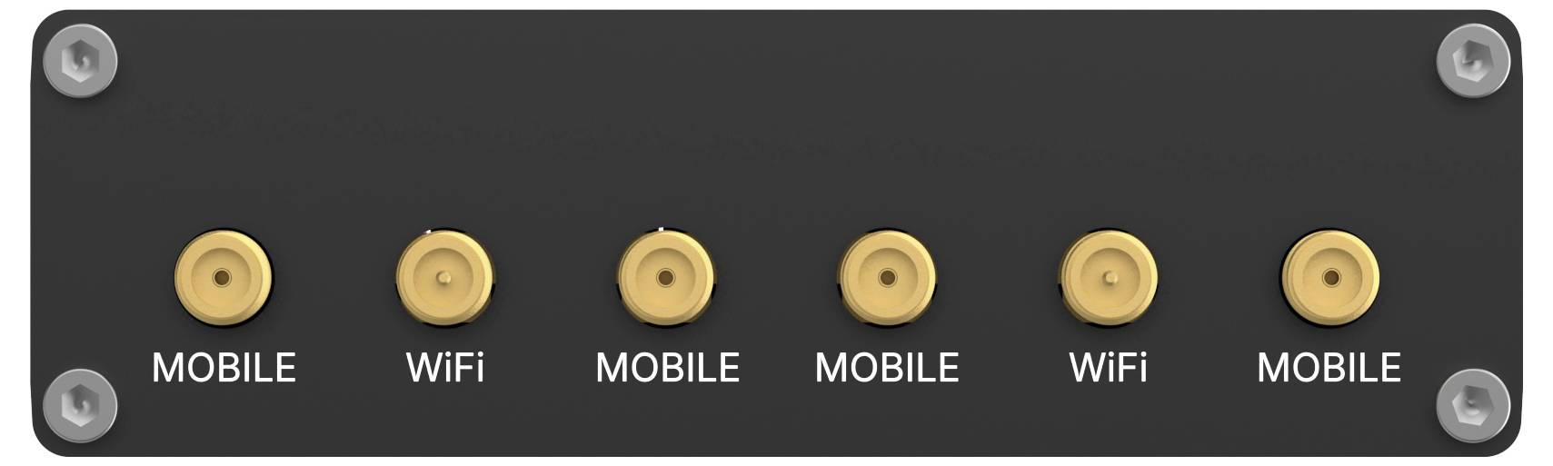 En svart panel med sex koaxiala kontakter märkta: MOBIL, WiFi, MOBIL, MOBIL, WiFi, MOBIL.