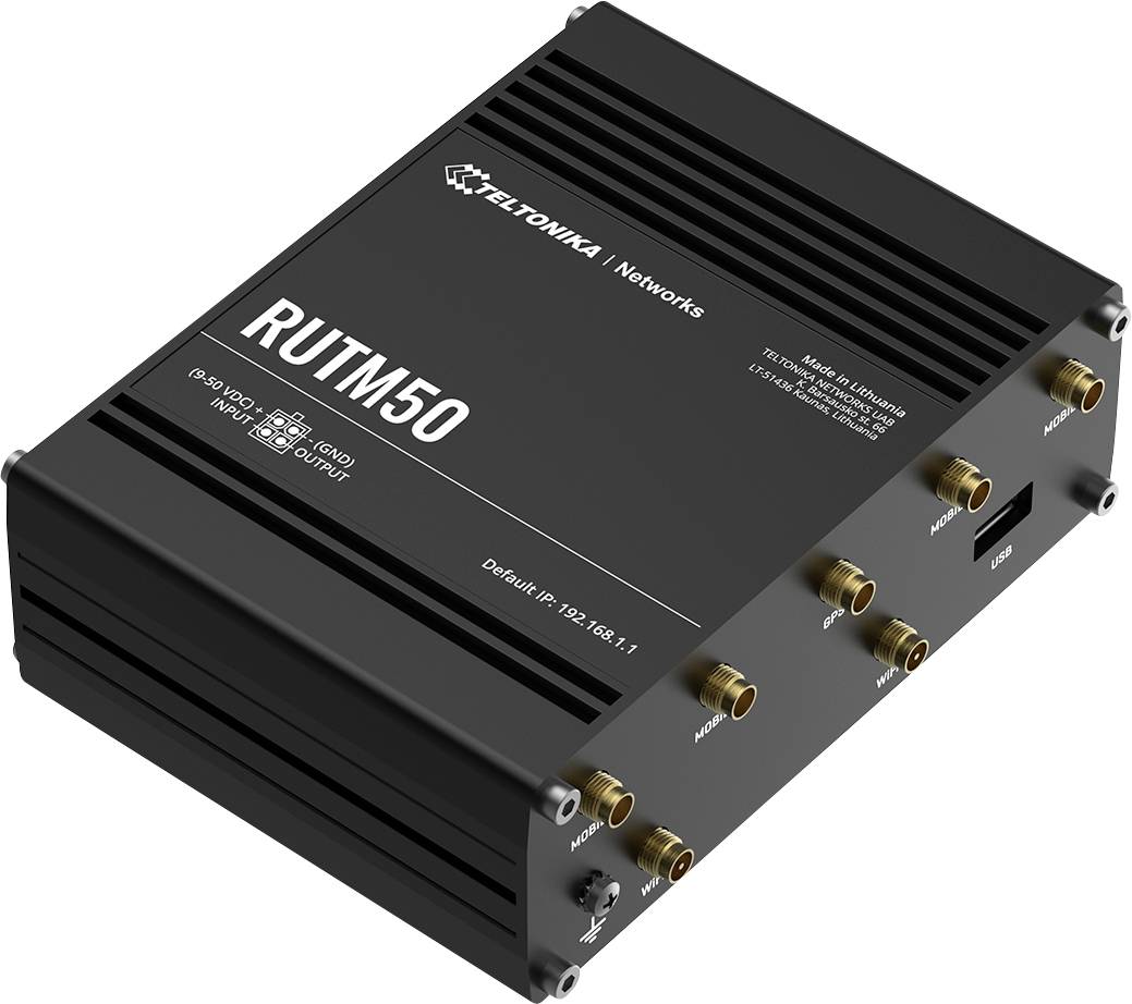 'En svart Teltonika Networks RUTM50-router med flera anslutningsportar, konstruerad för höghastig och tillförlitlig nätverksanslutning.'