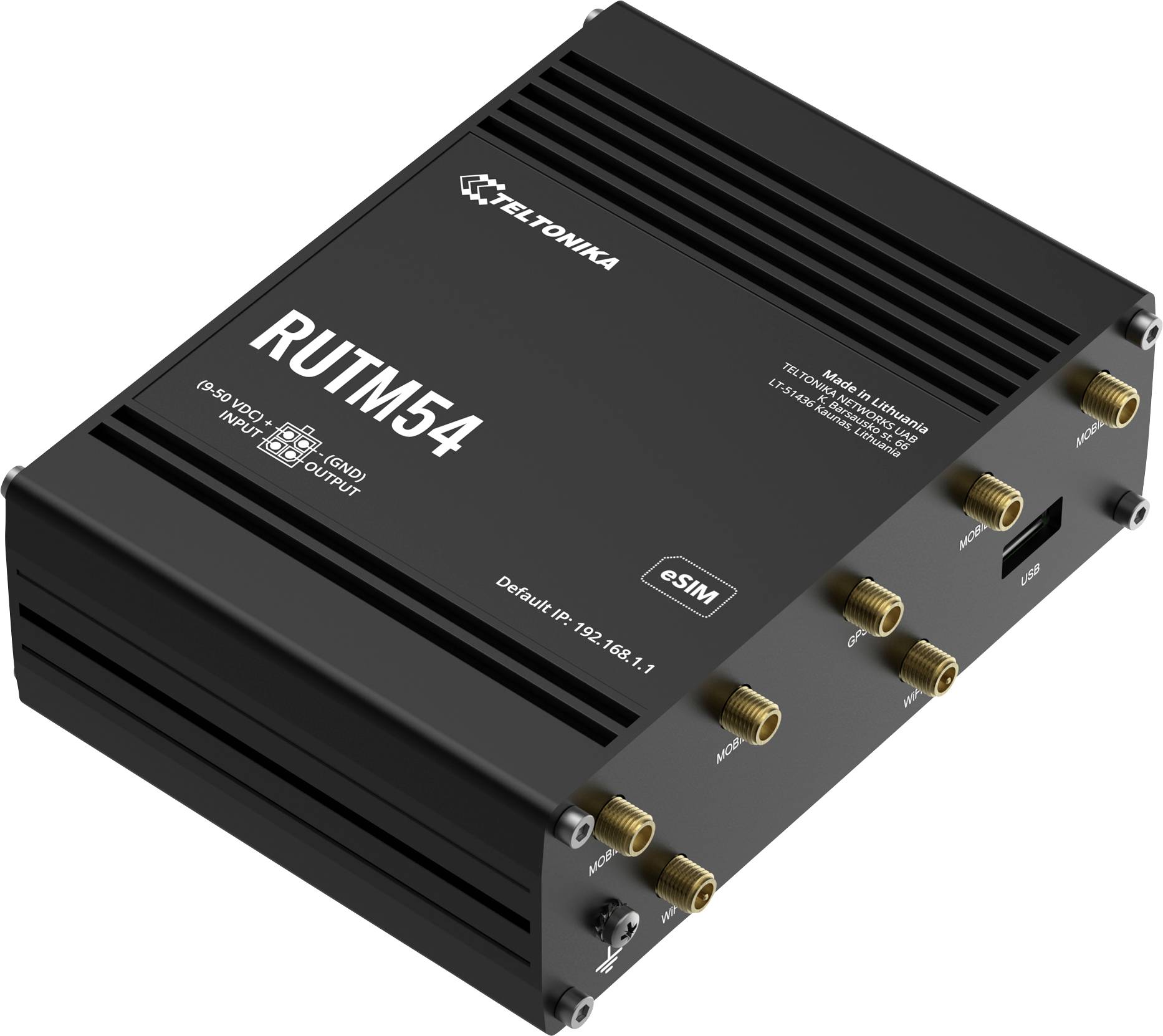 En svart Teltonika RUTM54-router med flera portar och antenner för nätverksanslutning. Modell- och varumärkesnamn märkt på ovansidan.