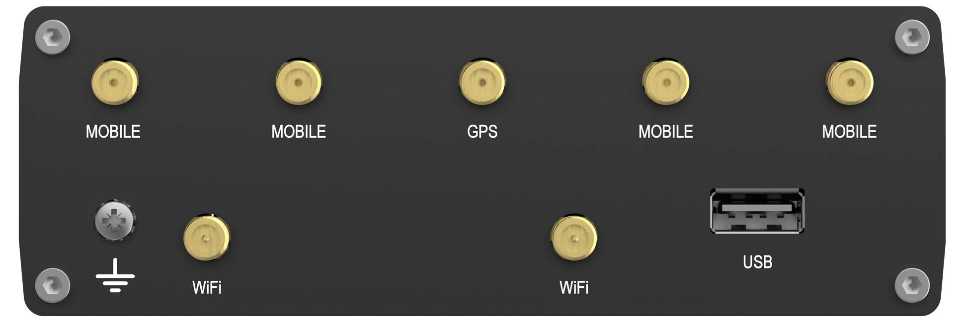 'Enhetspanel med fem guldkontakter märkta: MOBIL, GPS och MOBIL. En WiFi-antenn, jordningspunkt och USB-port finns också närvarande."