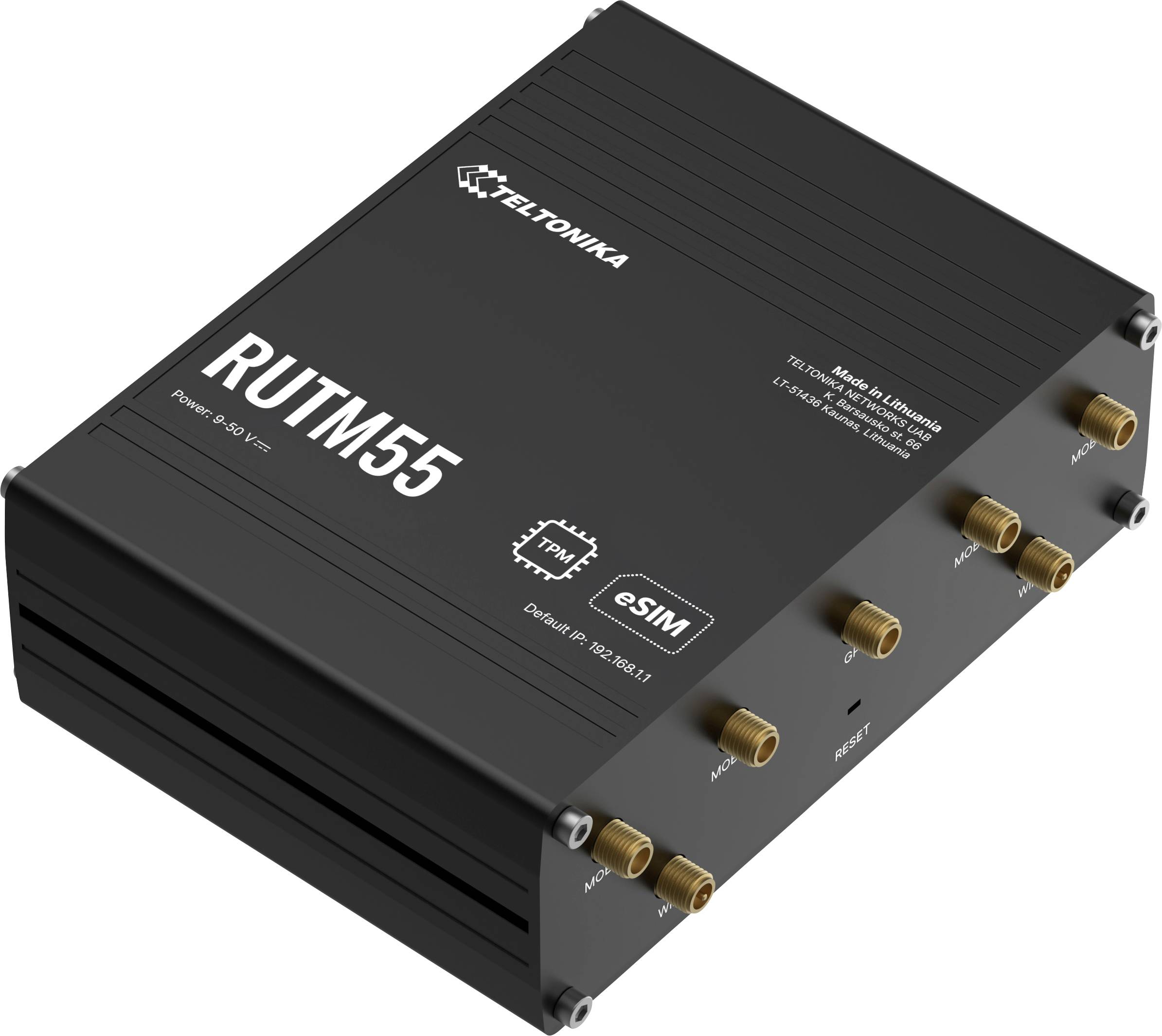 Router RUTM55 från Teltonika, svart rektangulärt enheter med guld- och svarta portar, märkt som LTE Cat 6 med eSIM och dubbel SIM-stöd.