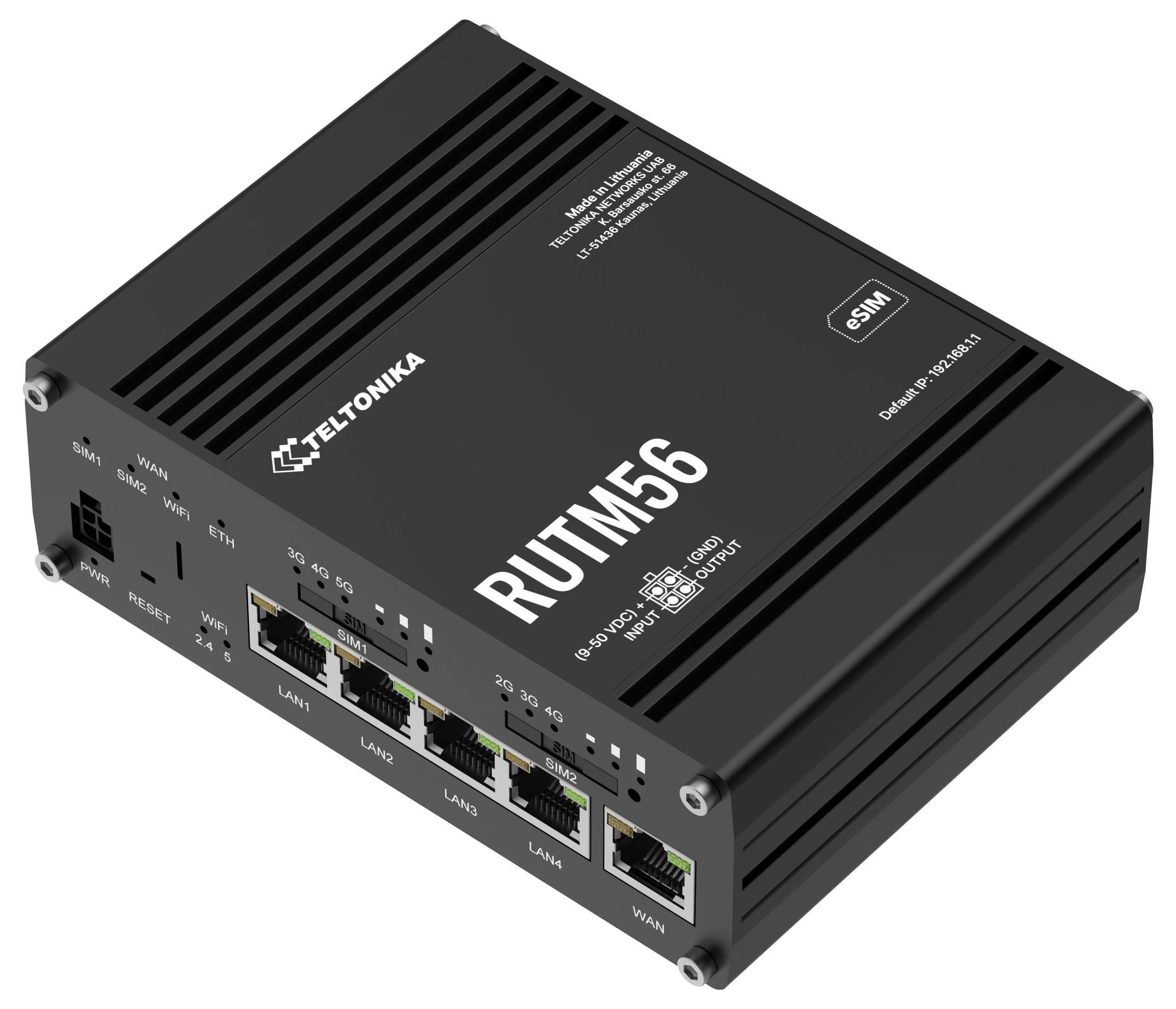 Teltonika RUTM56-router i ett svart höljen, utrustad med flera LAN- och WAN-portar.