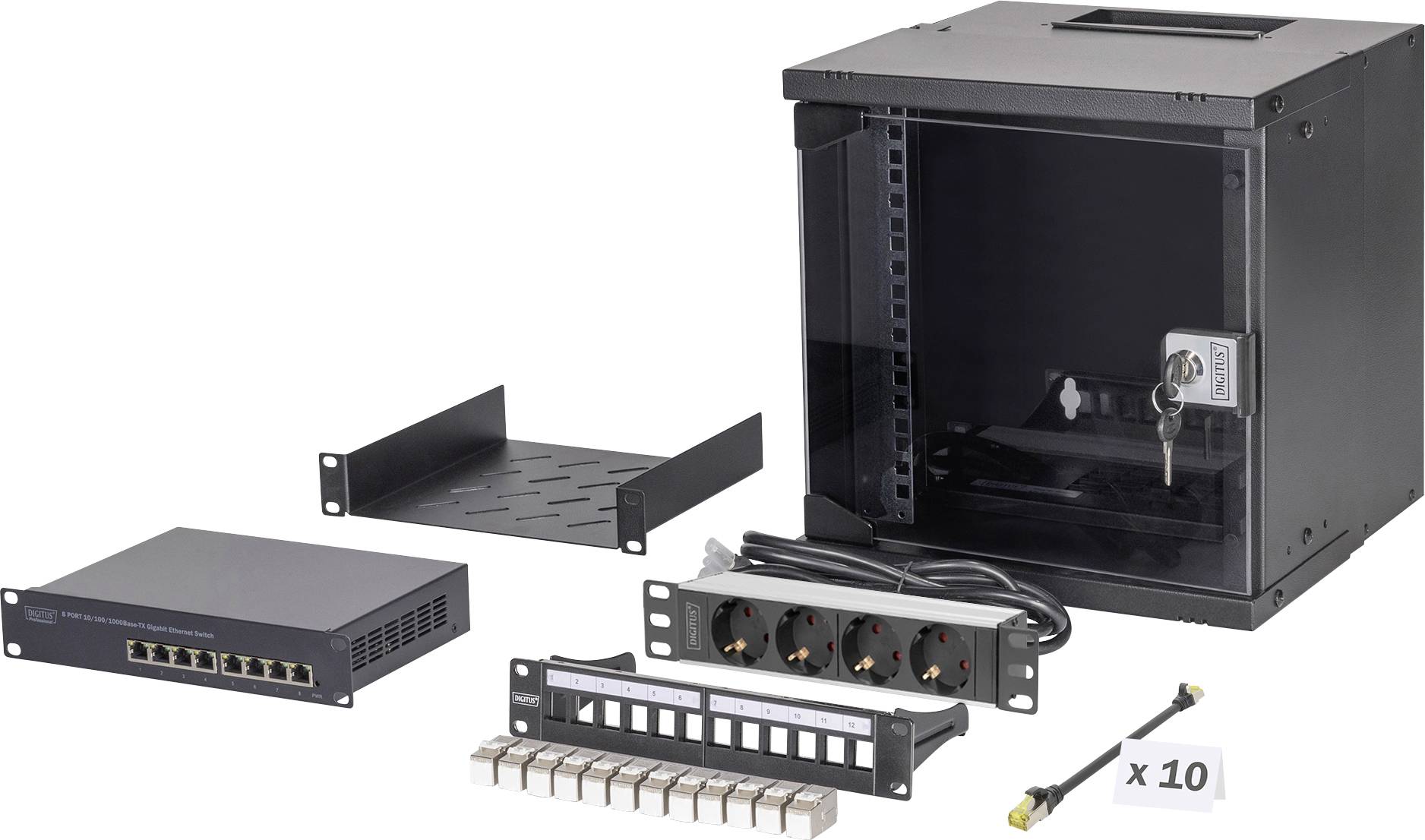 Väggmonterat nätverksskåp-paket med låsbart skåp, hylla, switch, patchpanel, grenuttag och kabel. Inkluderar nycklar.