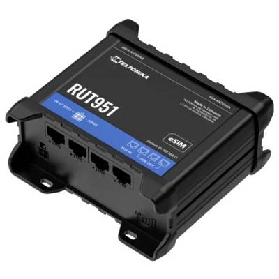 Bild av en svart Teltonika RUT951-router med flera portar, vilket indikerar användning för internetanslutning och nätverkshantering.