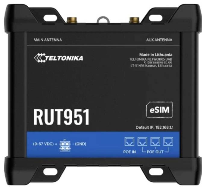 En svart Teltonika RUT951-router med eSIM-kapacitet, som visar huvud- och hjälpantennportar, symbolen för strömförsörjning och nätverksanslutning, samt standard-IP-adress.