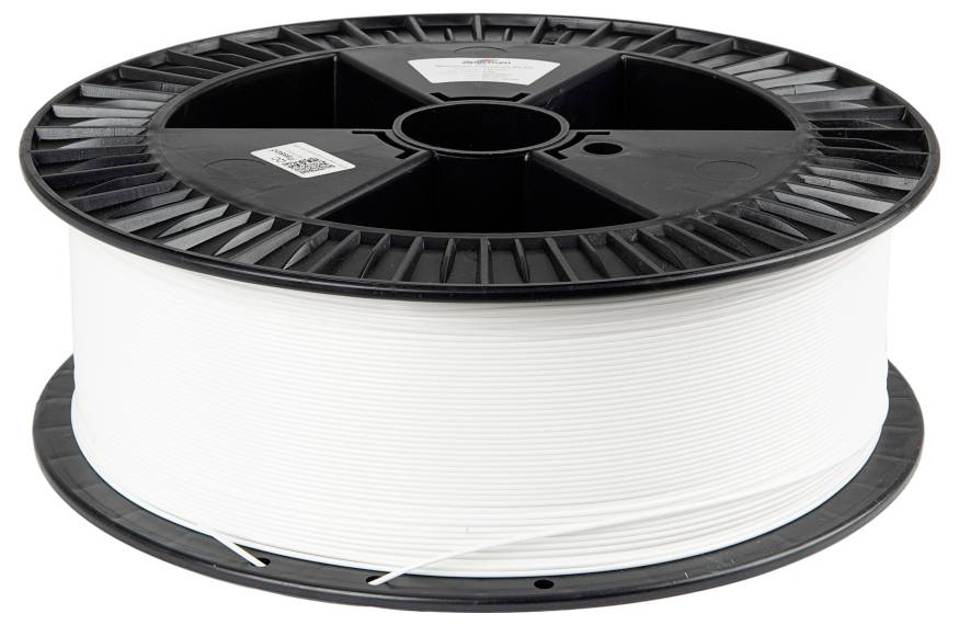 En svart spole håller en rulle vit filament, sannolikt avsedd för 3D-utskrift. Spolen är enkel, utan synliga märkningar eller etiketter.