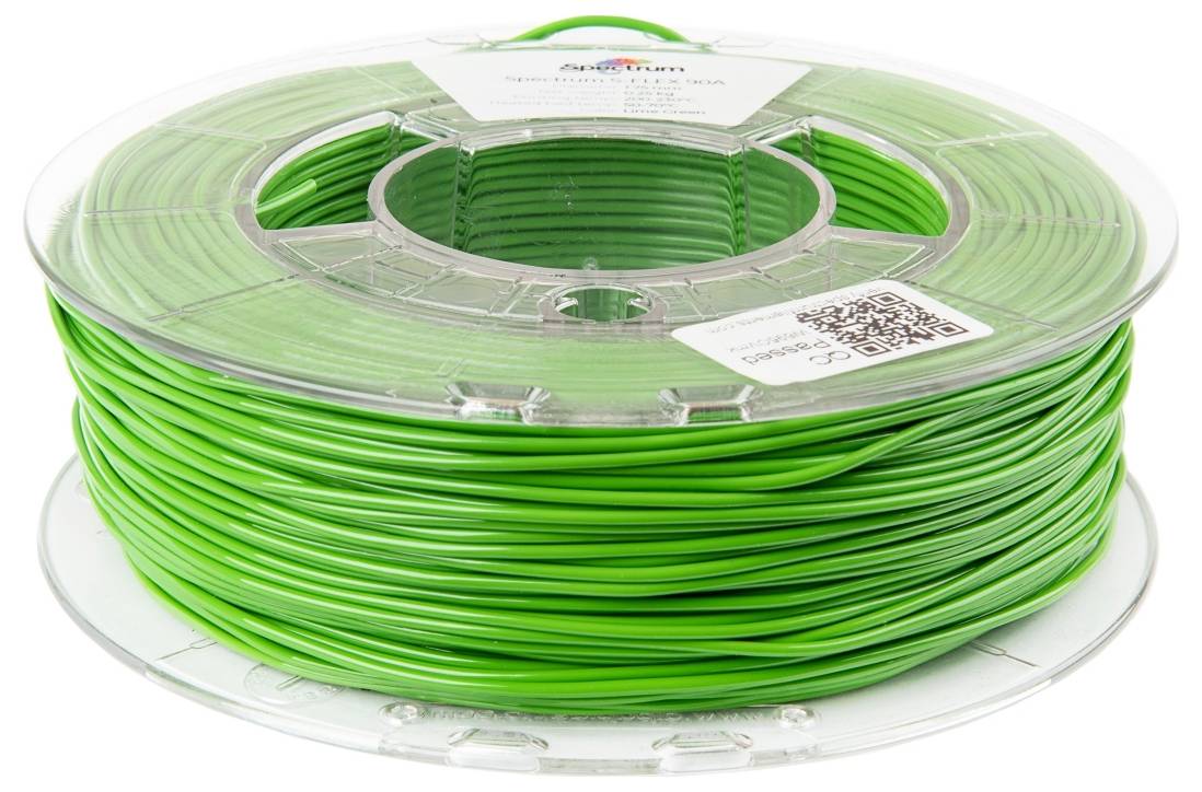 En rulle grön 3D-printarfilament på en transparent trissa, märkt med ett varumärkesnamn och en QR-kod på etiketten ovanpå.