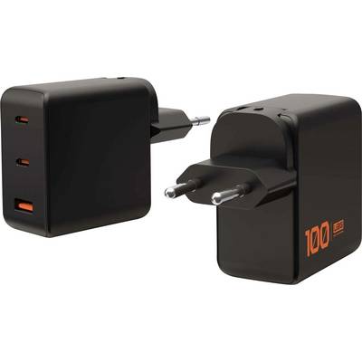 Två svarta USB-väggladdare med tre USB-portar vardera, och siffran '100' i orange, vilket indikerar strömkapacitet. Europeiska tvåstiftskontakter.