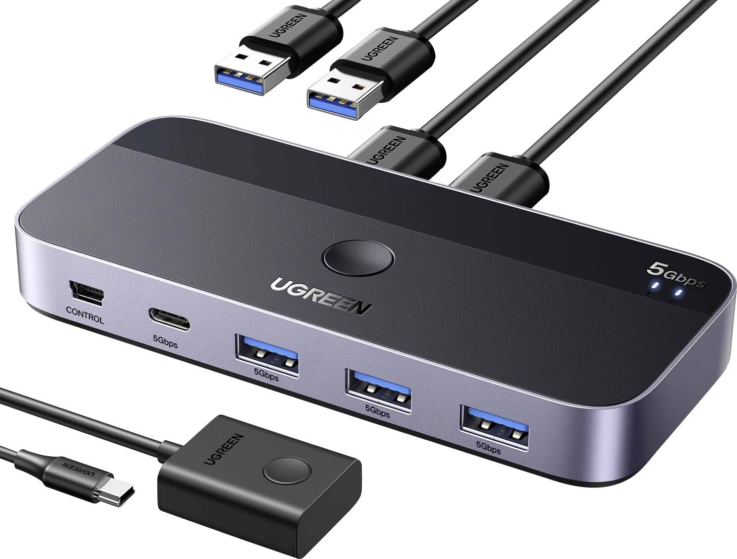 En USB-hubb med flera portar märkta 'UGREEN'. Den har flera USB-A- och USB-C-portar, markerade med '5 Gbps' vilket indikerar hastigheten.