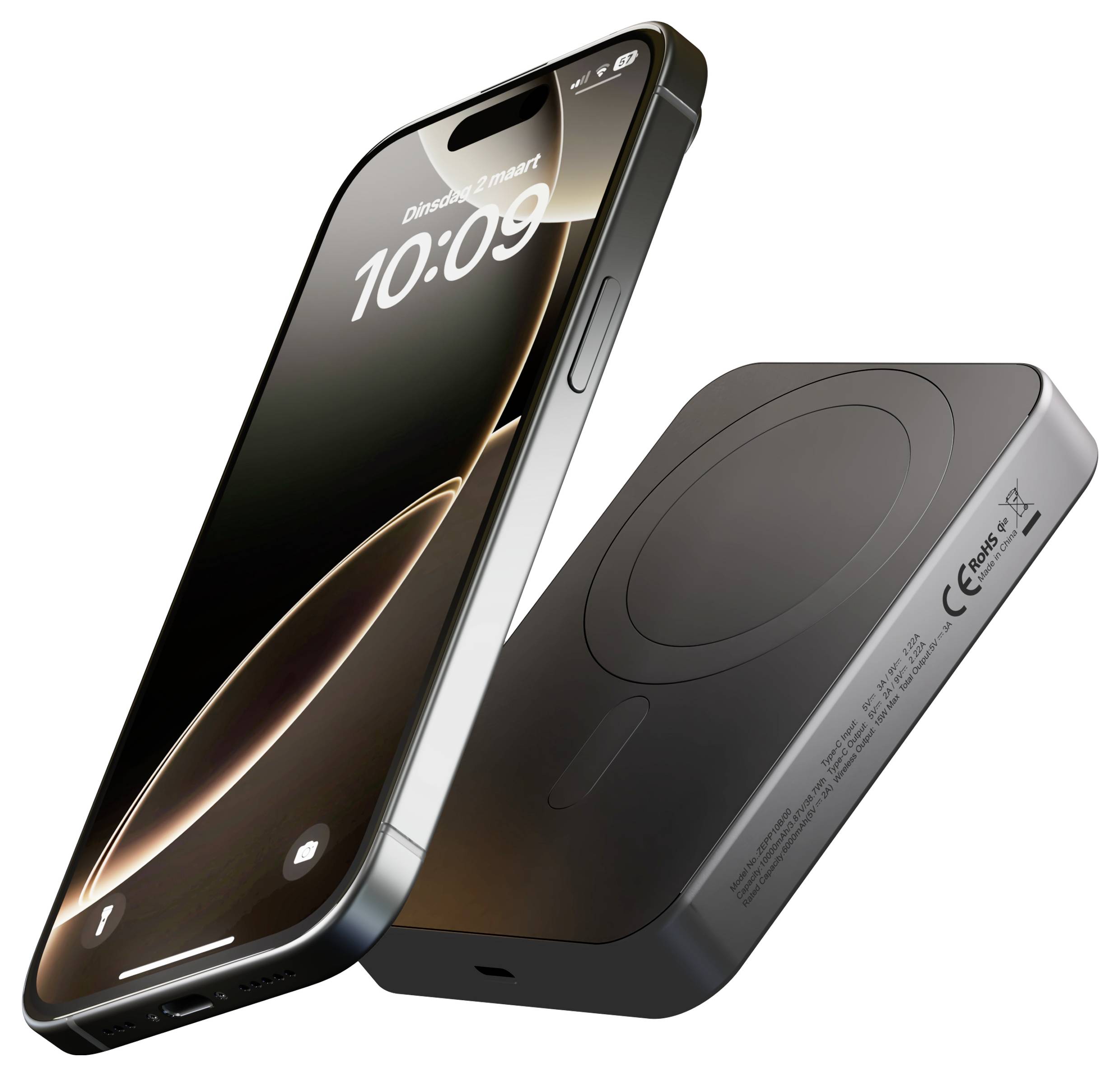 Svart smarttelefon som visar 10:09 med böjd design bredvid en snygg svart trådlös laddningsplatta.