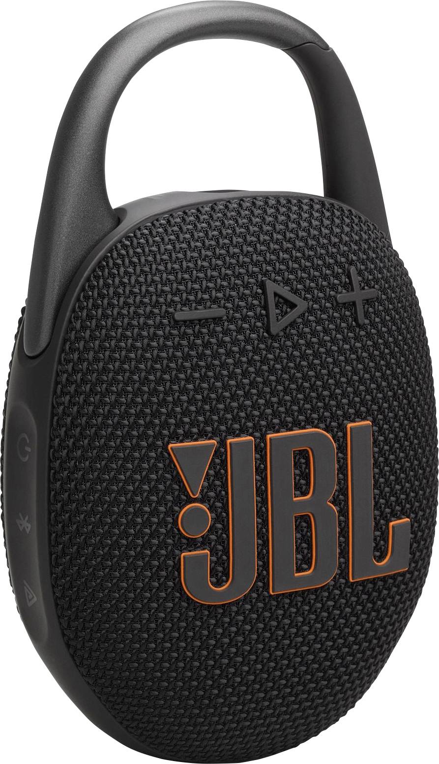 En svart bärbar högtalare med orange 'JBL' logotyp, texturerad yta och slingretur, utrustad med uppspelningskontroller på ovansidan.