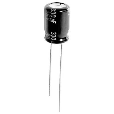 En cylindrisk svart kondensator märkt '330μF 25V' med två metalliska anslutningsledare som sträcker sig från dess bas.