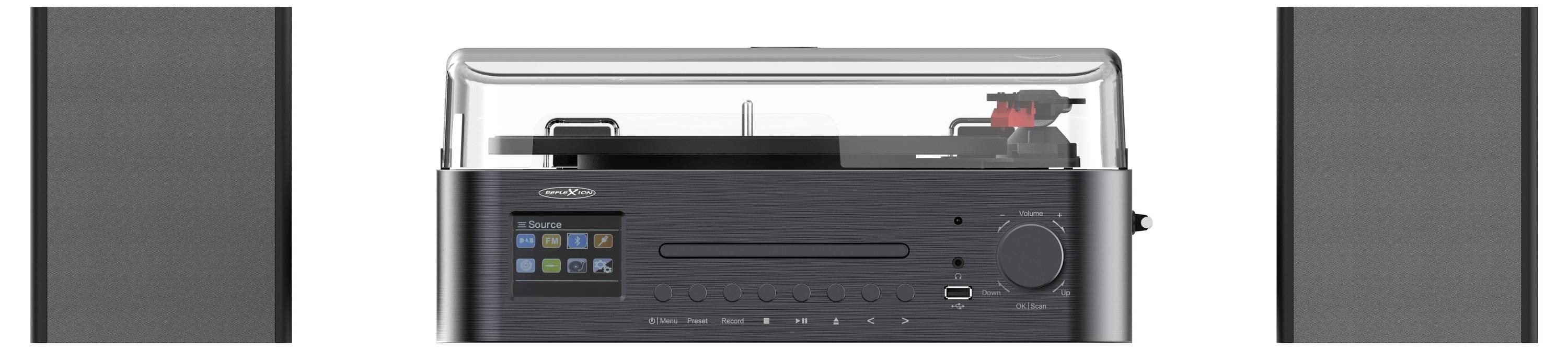 Ett svart stereosystem med skivspelare, digital display, knappar och två höga högtalare på vardera sida.