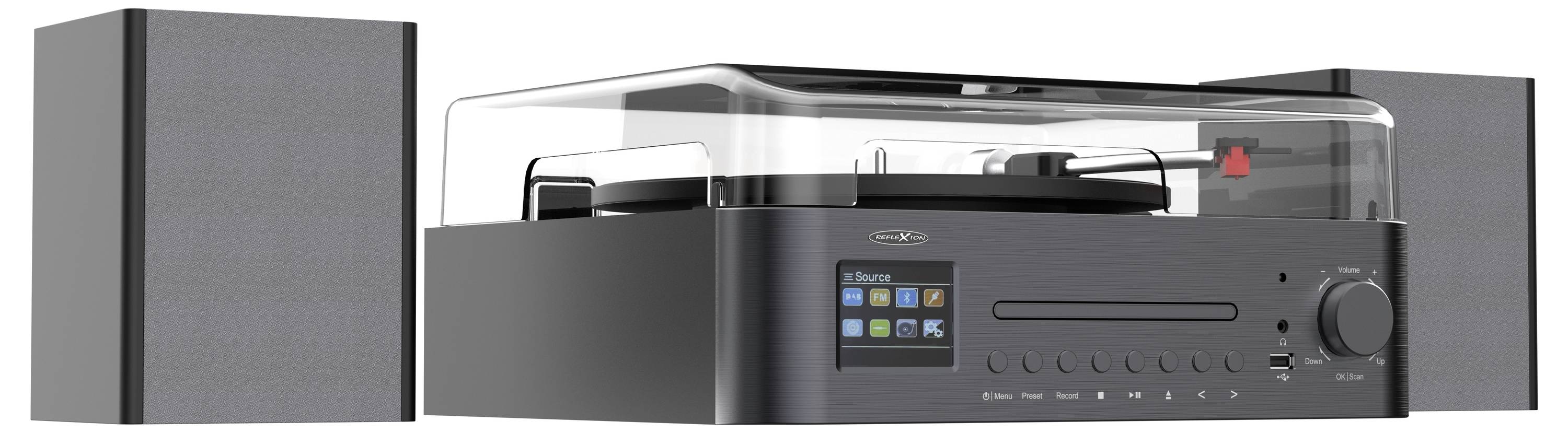 Ett modernt stereosystem med en skivspelare, två högtalare och en digital display på framsidan som visar musikuppspelningsalternativ.