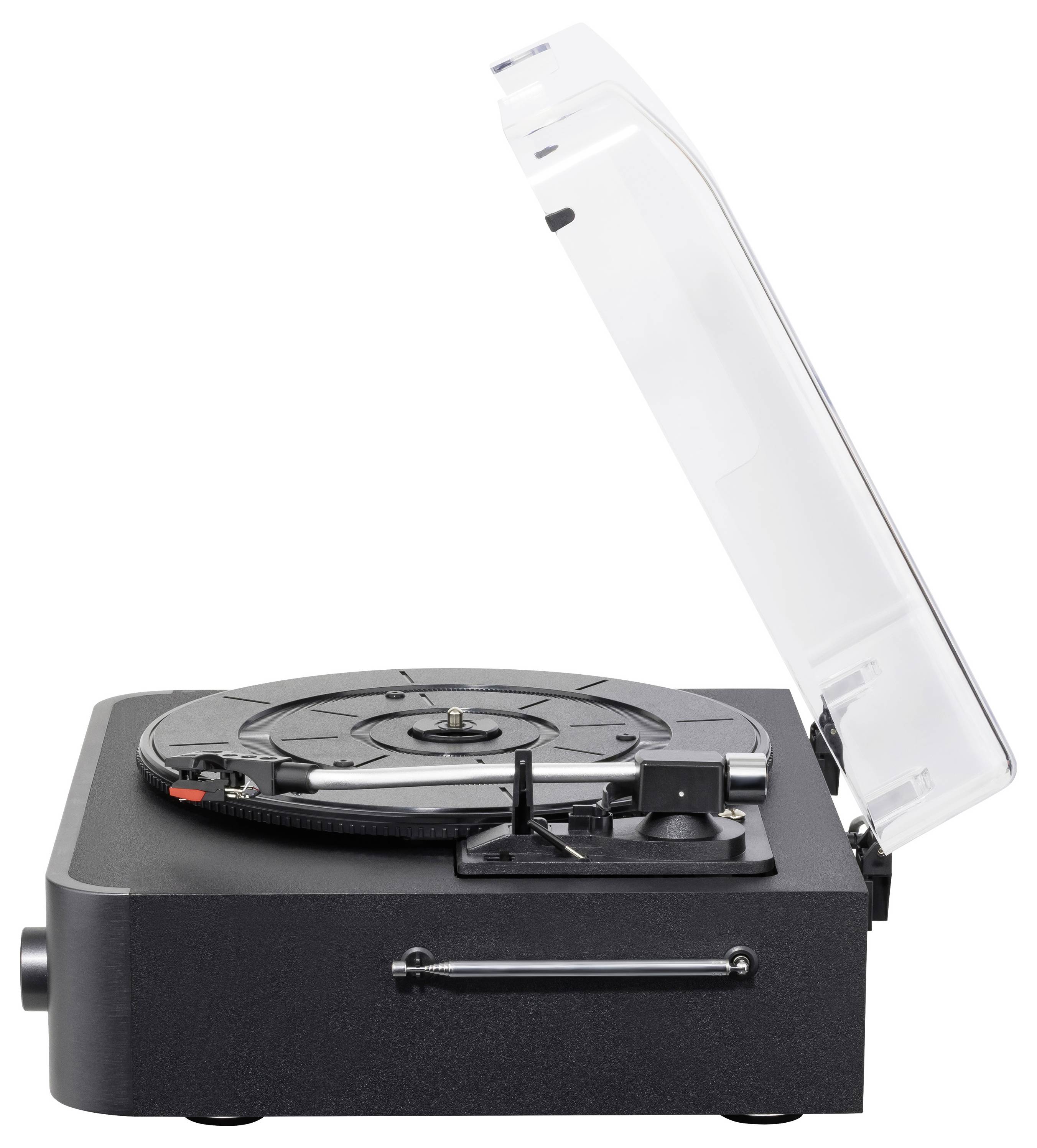 Svart skivspelare med transparent dammlucka öppen och skiva på tallriken