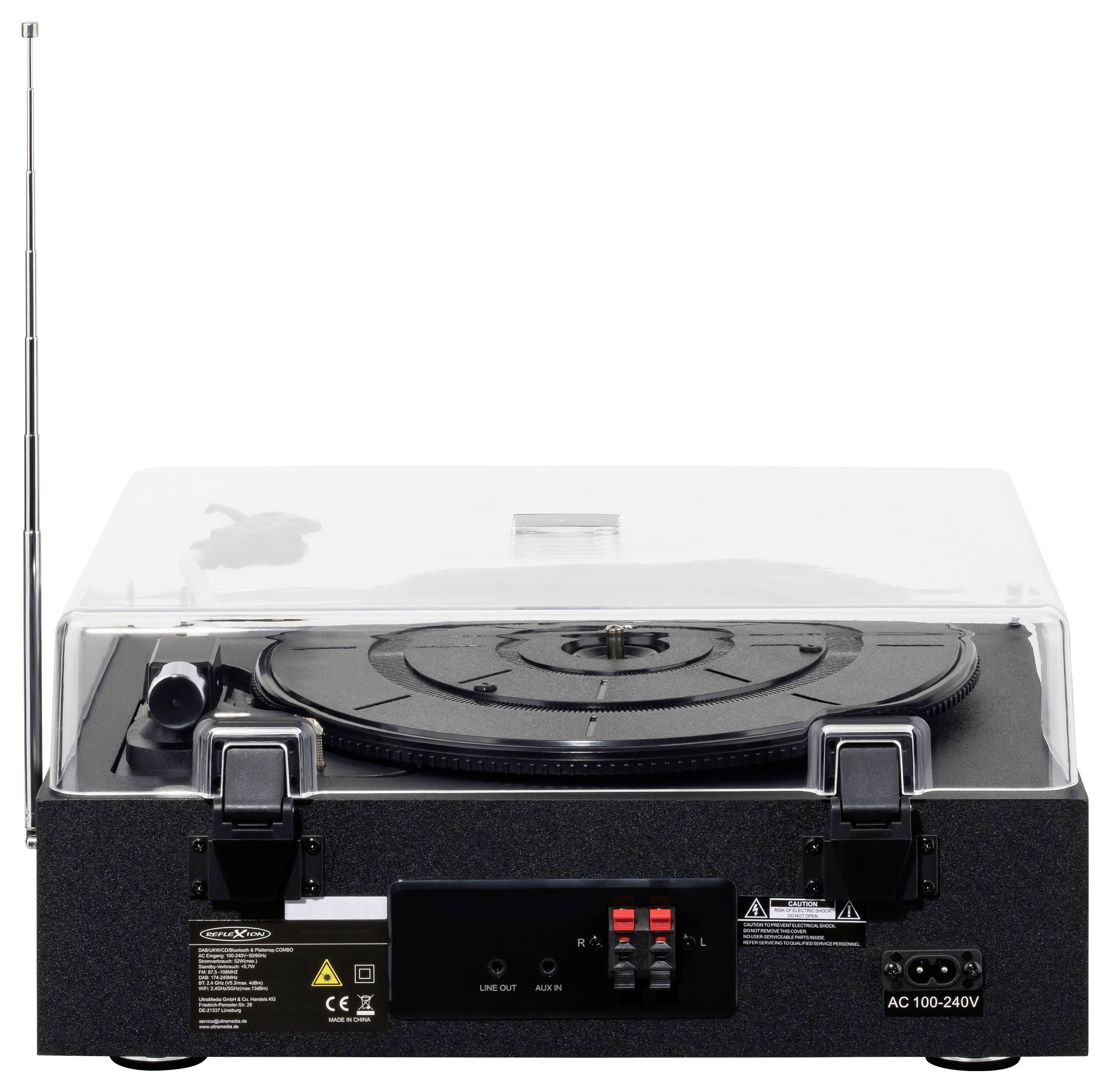 Frontvy av en vintage bärbar skivspelare med klar dammlucka, utdragen antenn och kraft-/ingångskontroller på vit bakgrund.