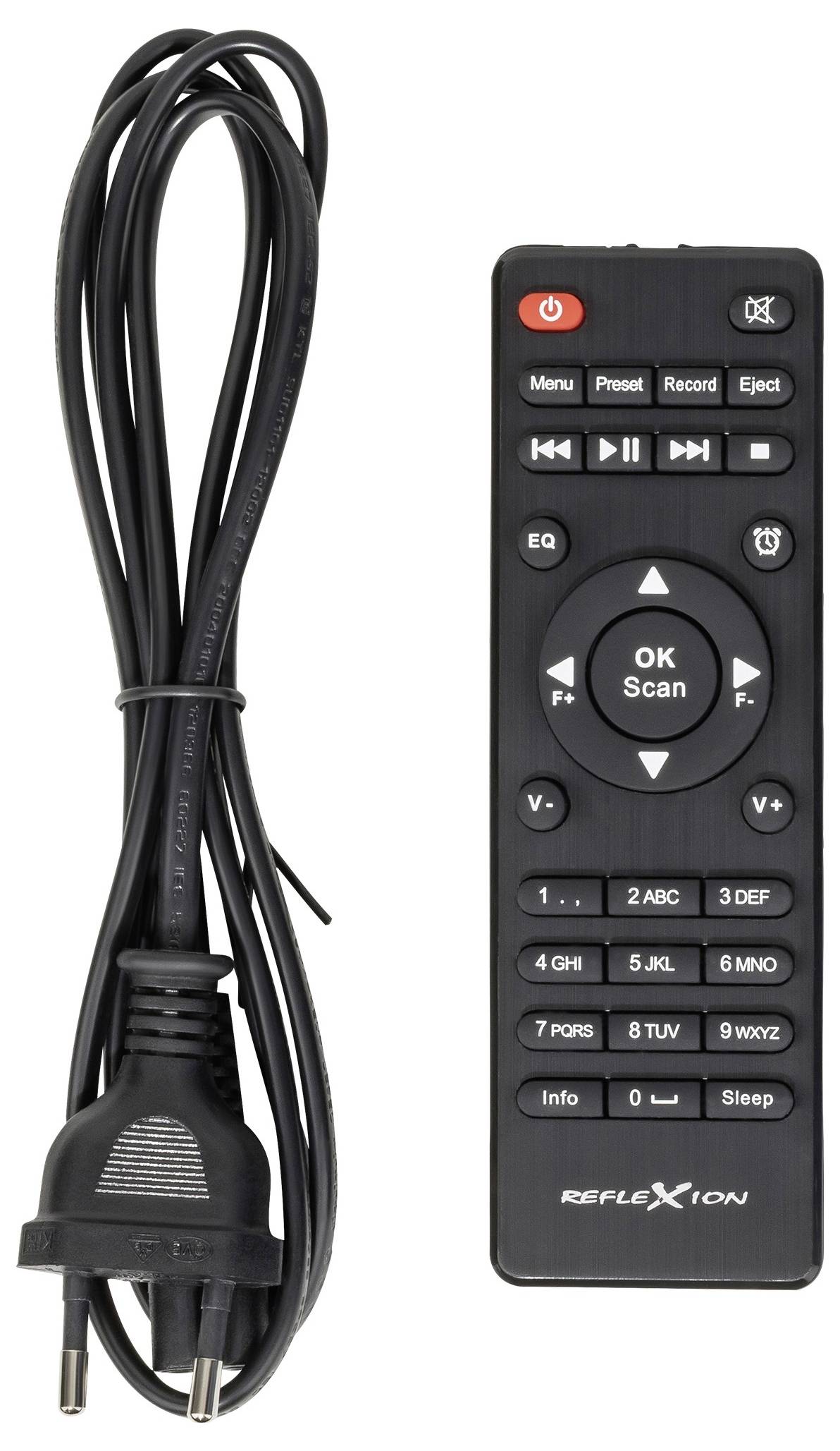 Fjärrkonroll med strömkabel och kontakt, troligen för en Reflexion-enhet, som visar knappar för meny, förinställning, inspelning, utmatning, uppspelning och skanning.