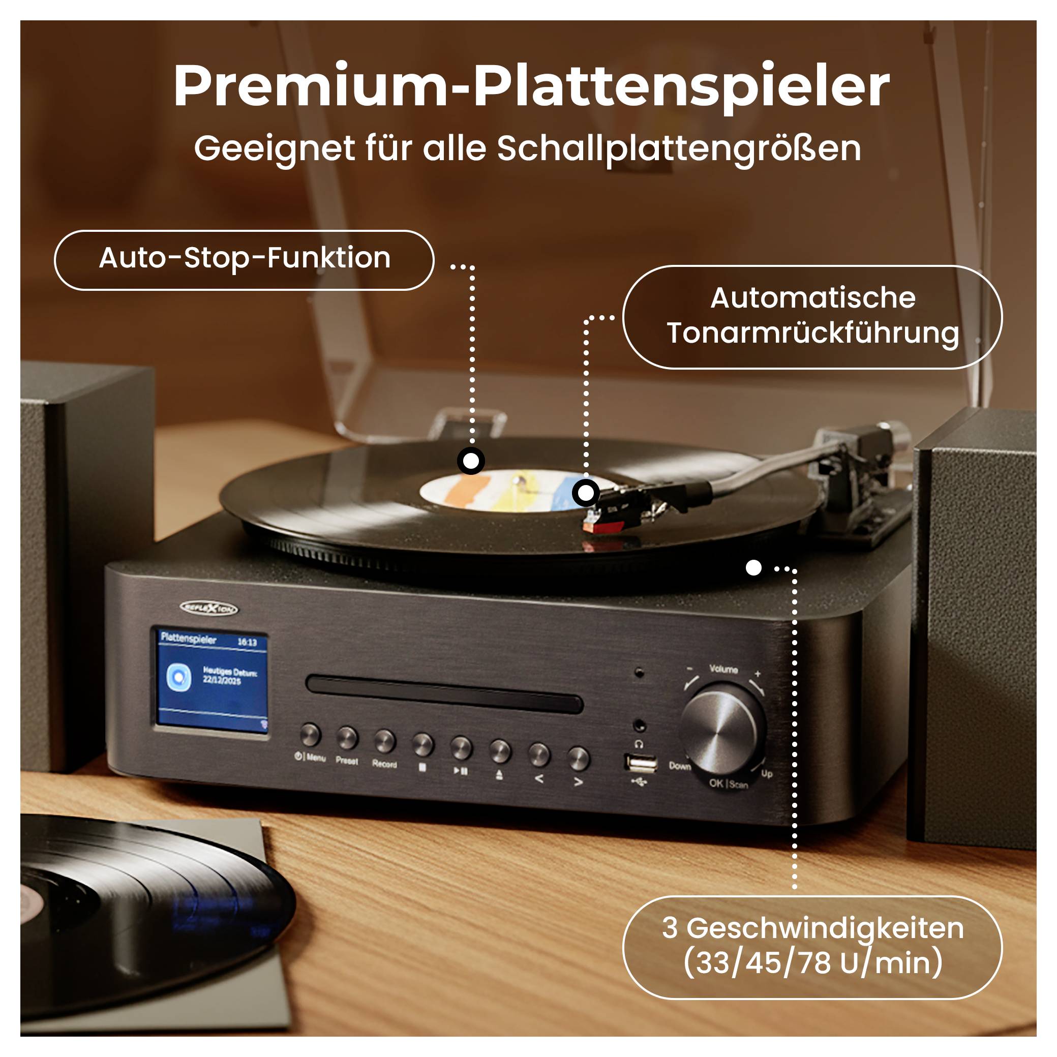 Premium-skivspelare på ett bord med inlagd skiva; betonad är Auto-Stop, automatisk tonarmåterföring och 3 hastigheter (33/45/78 rpm).