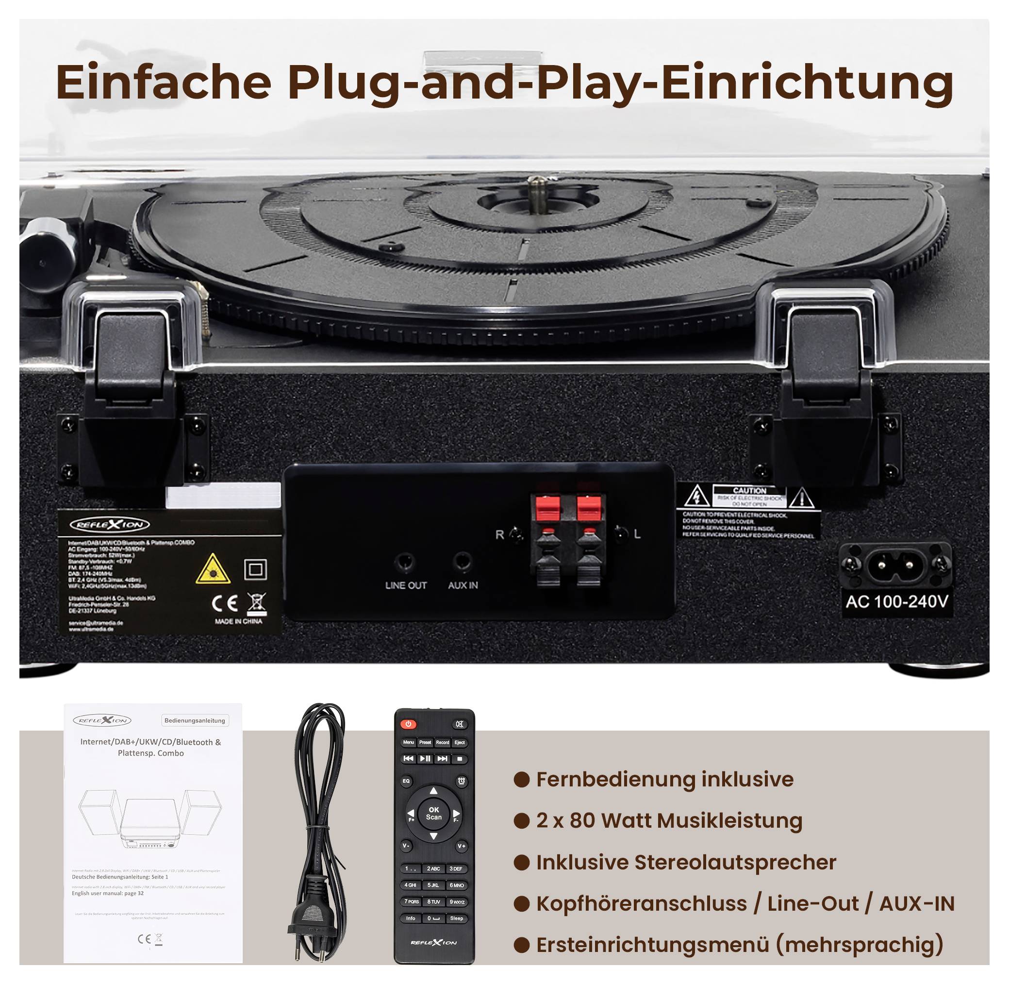 Skivspelare med öppen dammsugarhylla; nedanför tillbehör och texter: Fjärrkontrollen ingår, 2 x 80 Watt, högtalare, hörlurksanslutning, Line-Out/AUX-IN.