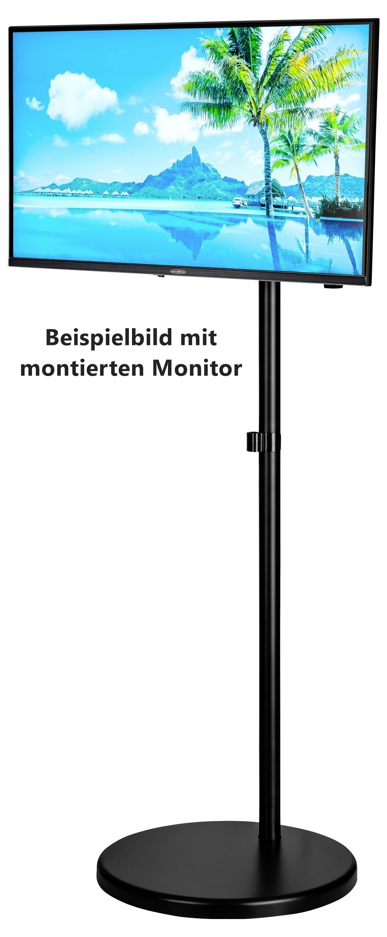 Ett svart monitorstativ håller en skärm som visar en tropisk strand med palmträd, berg och blå himmel. Tysk text lyder 'Beispielbild mit montiertem Monitor.'