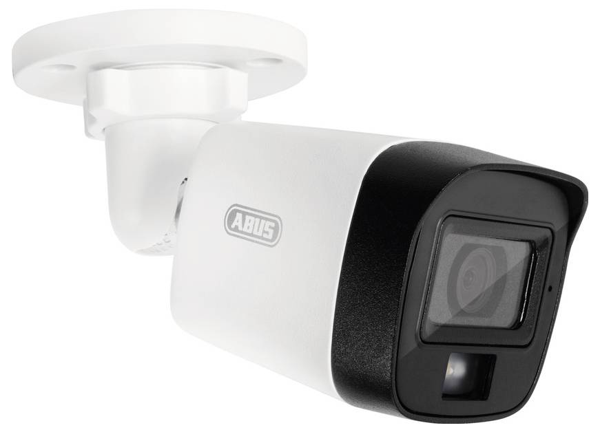 En vit och svart säkerhetskamera monterad på ett takfäste, med ett objektiv riktat framåt, sannolikt avsedd för övervakningsändamål.