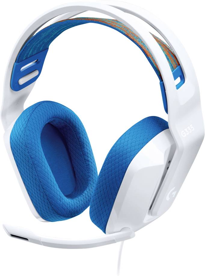 Vit och blå spelheadset med stoppade öronkuddar och justerbart huvudband, utrustad med en avtagbar mikrofon.