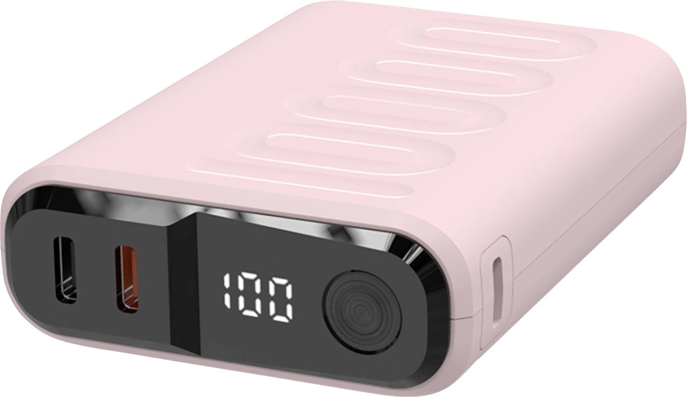 En rosa bärbar powerbank med en digital display som visar '100'. Den har en USB-C-port och en USB-A-port, och en strukturerad yta för bättre grepp.