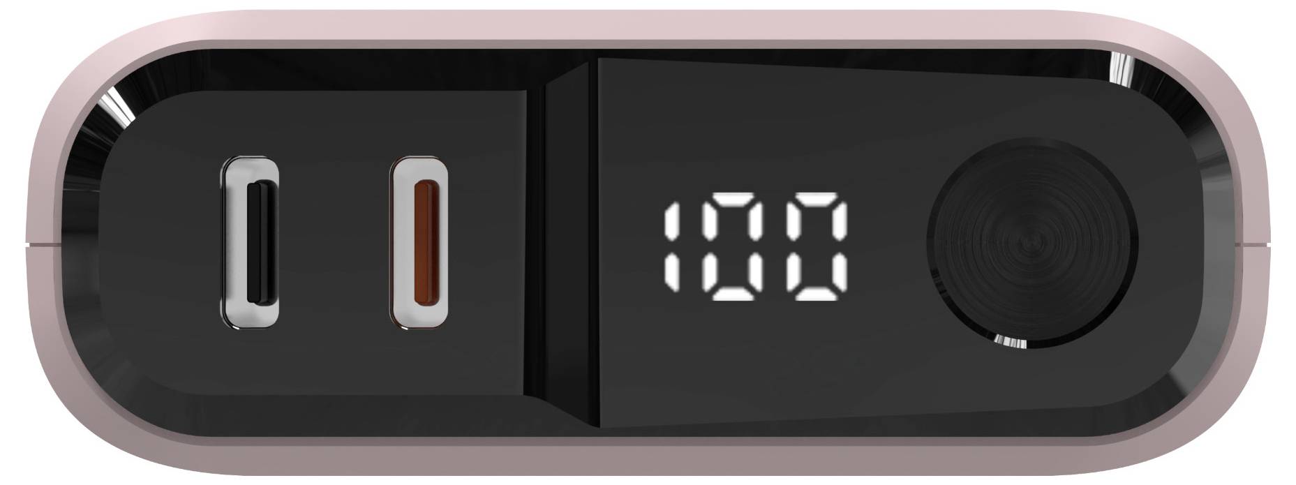 En bärbar powerbank med digital display som visar '100' procent laddning, utrustad med USB- och USB-C-portar i en snygg svart och rosa design.