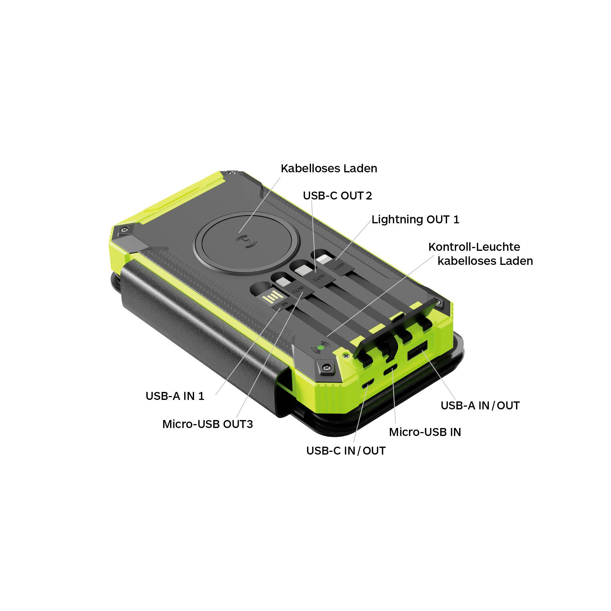 'Multiport laddningsenhet med trådlös laddning, USB-C in/ut, USB-A in/ut, Lightning ut och Micro-USB ut-portar.'