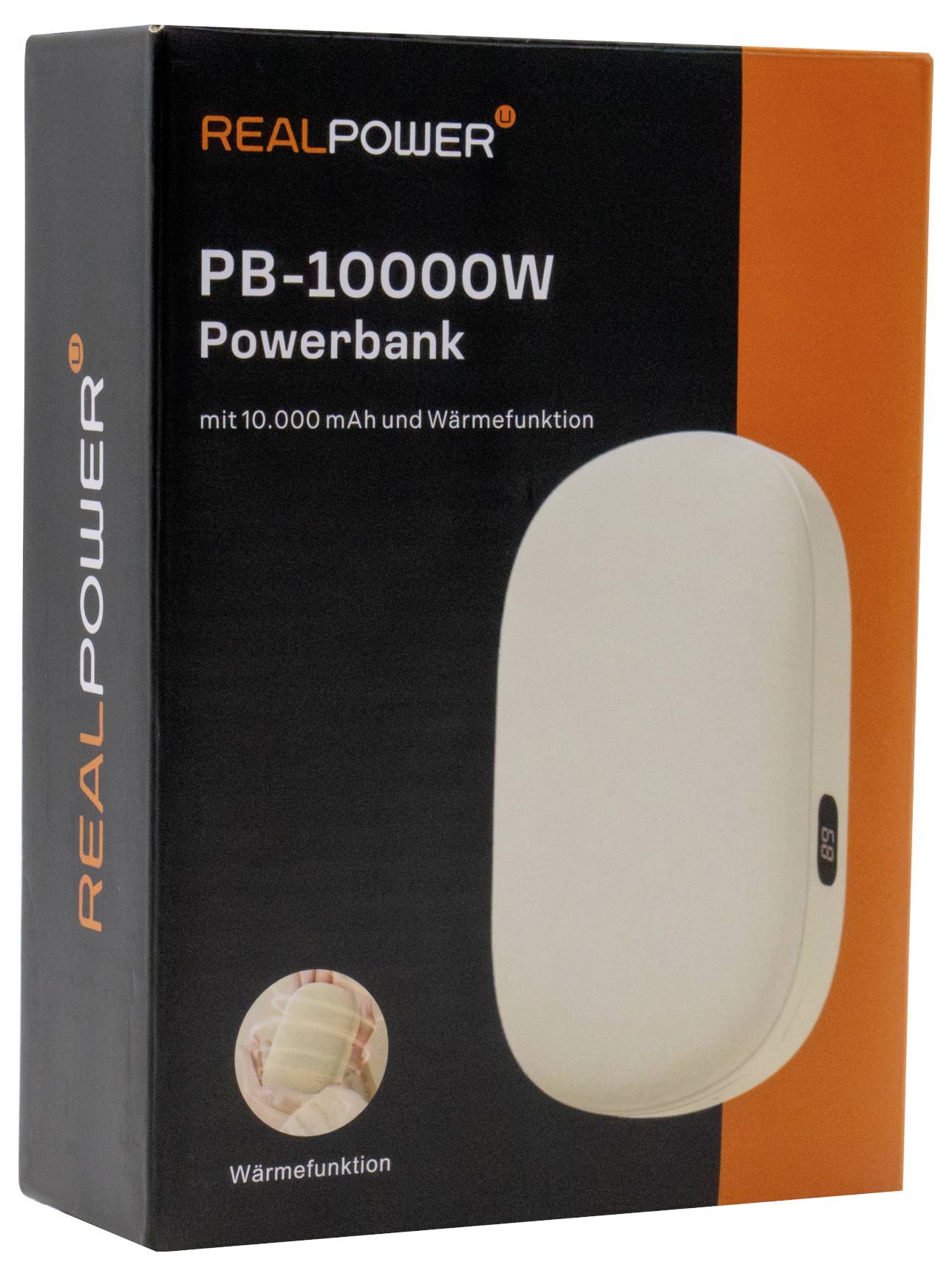 Förpackning till 'REALPOWER PB-10000W' powerbank, som visar en vit powerbank med 10 000 mAh kapacitet och värmefunktion. Förpackningen är svart och orange.