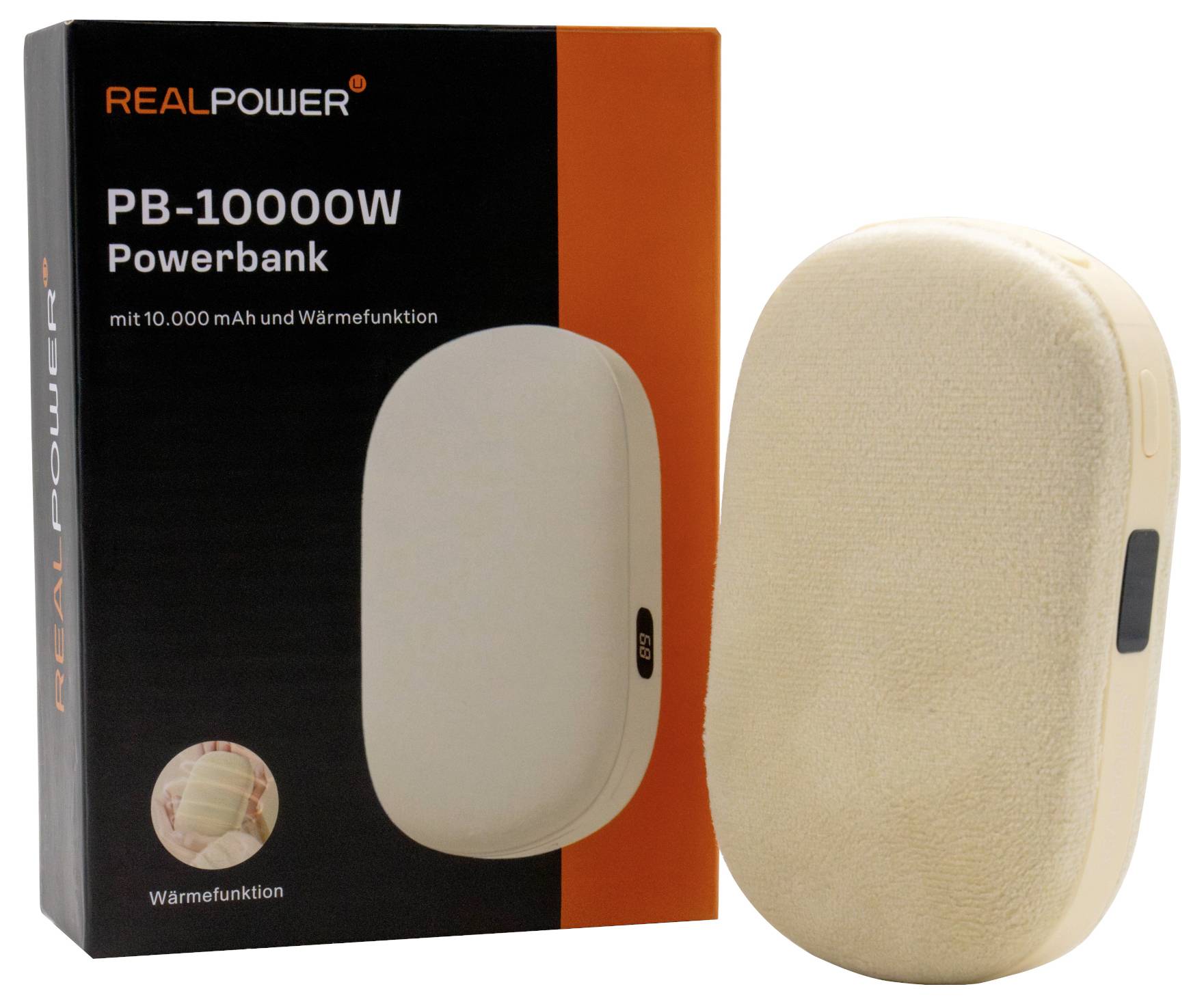 REALPOWER PB-10000W Powerbank, förpackning med vit powerbank med kapacitet på 10 000 mAh och värmefunktion.