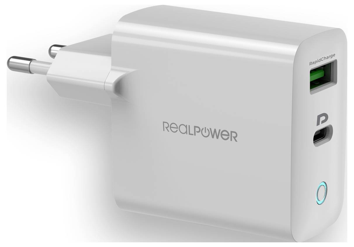 En vit väggadapter med två portar: en USB-A märkt 'SNABBLADDNING' och en USB-C-port. Varumärkets logotyp 'REALPOWER' finns på sidan.
