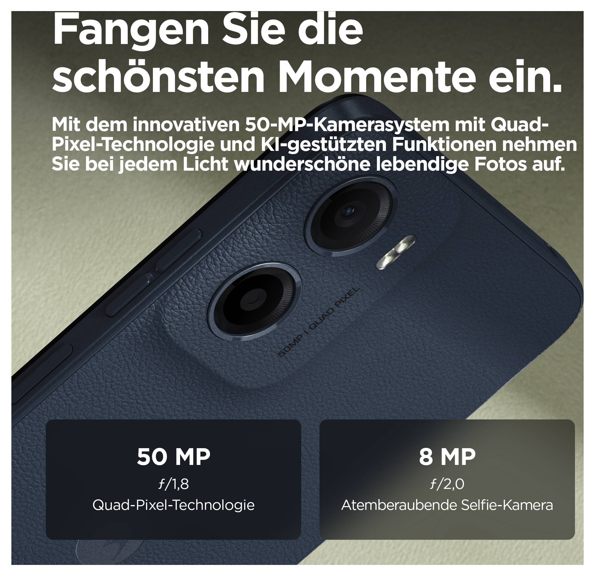 Smartphone-baksida med två kamerlinser i närbild, texten beskriver ett 50 MP-kamerasystem och en 8 MP-frontamera.