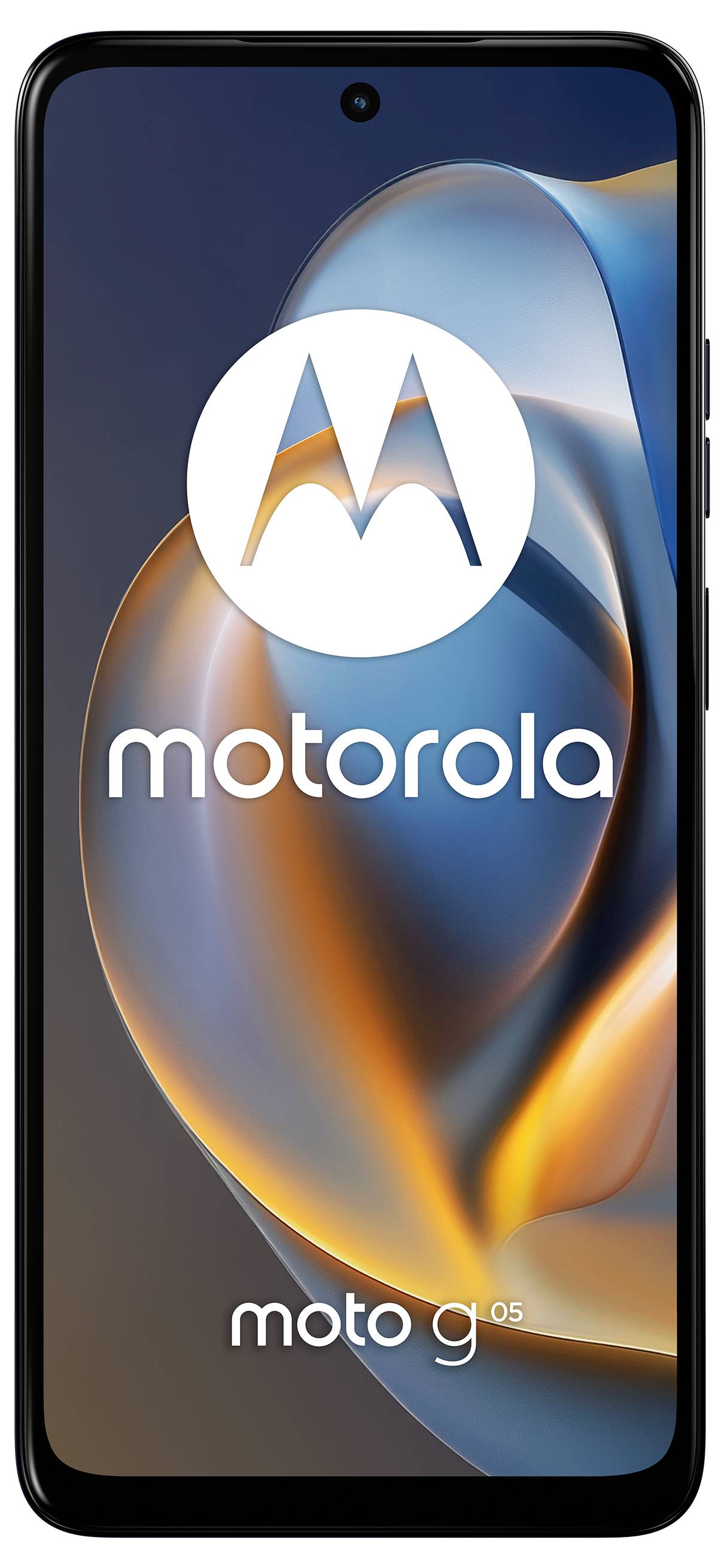 "Motorola moto g 05"-smartphoneskärm med logotyp på skärmen, som visar elegant design och rundade kanter mot en gradientbakgrund.